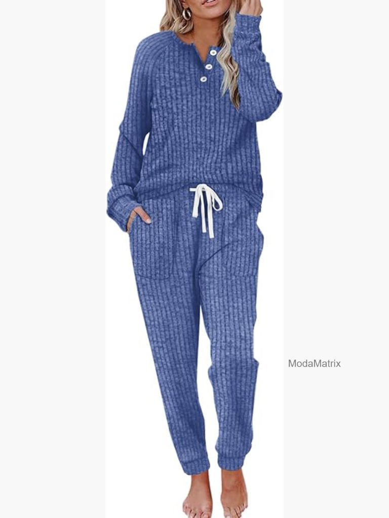 Two Piece Lounge Set Button Down Sweatshirt Sweatpants Pockets